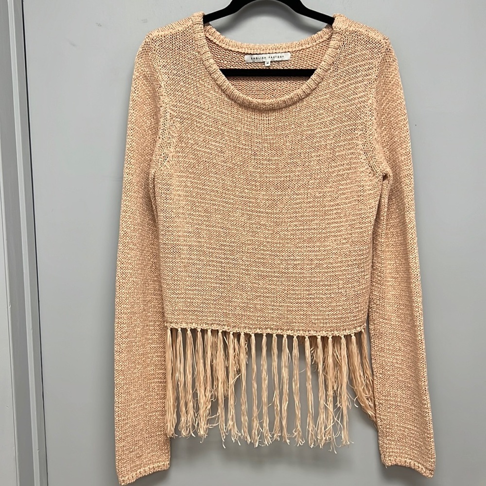 English Factory Knit Tasseled Sweater with Crossed Details on Back Size Medium